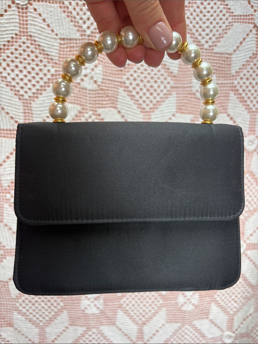 Elegant Black Pearl-Handle Top-Handle Bag